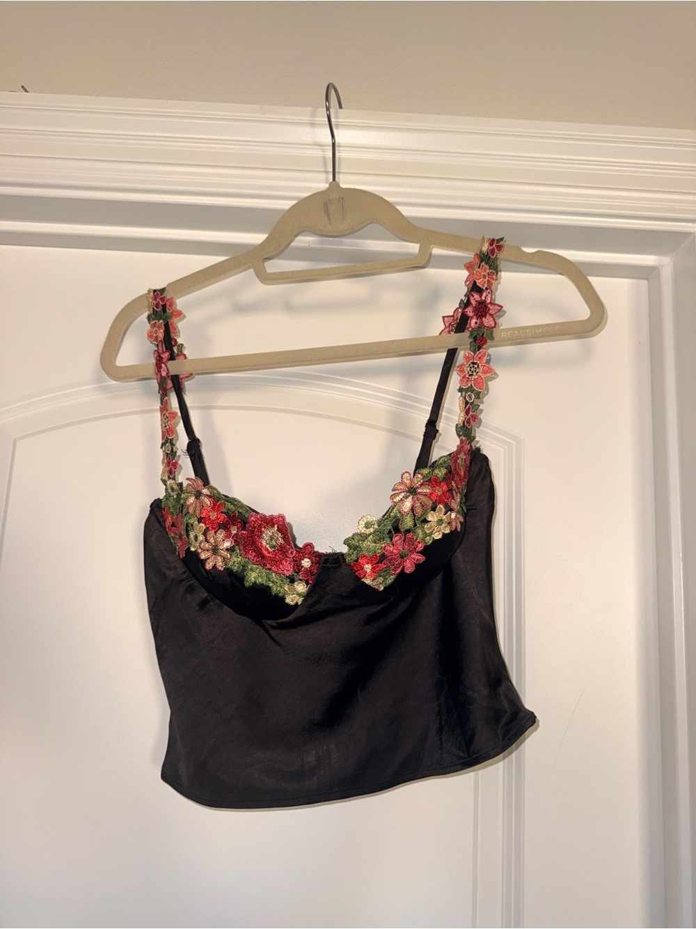 Hello Molly Black Satin Crop Top with Red & Green Floral Embroidery